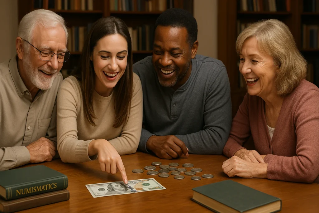 A group of collectors of all ages gathers around a table, pointing out design details on a modern $100 bill while discussing its history and features.