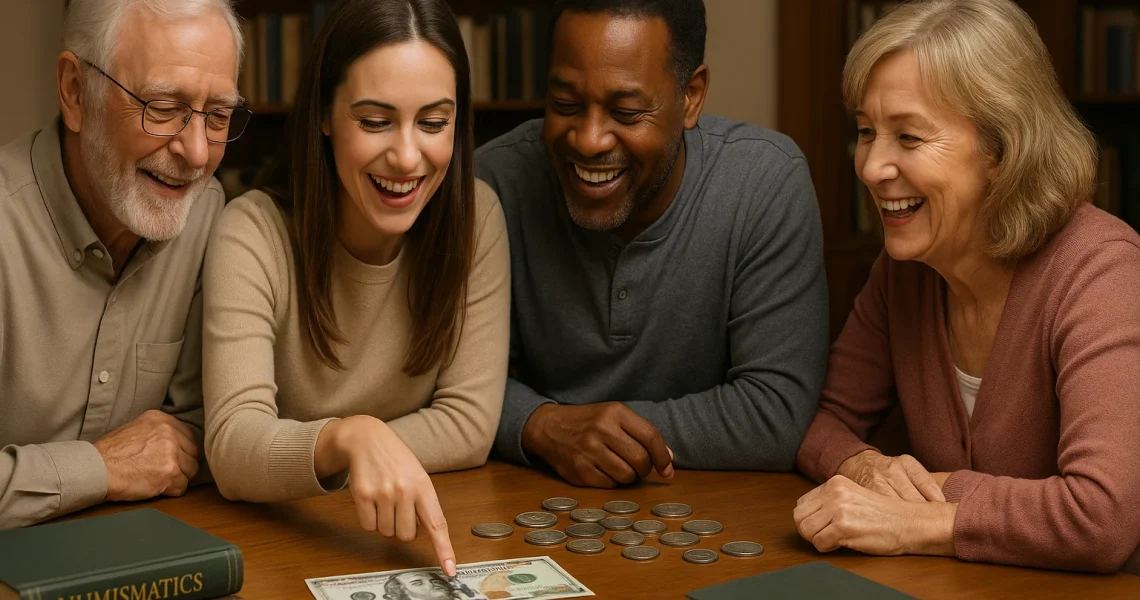 A group of collectors of all ages gathers around a table, pointing out design details on a modern $100 bill while discussing its history and features.