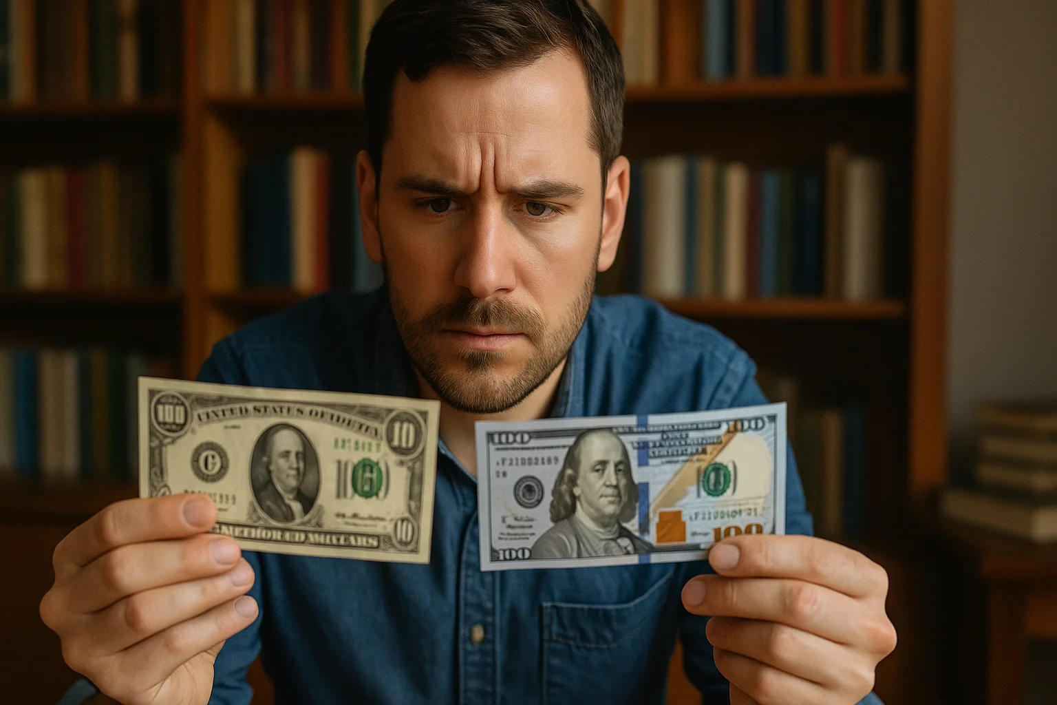 A focused man compares an old and a new $100 bill, examining how Franklin’s portrait and security features have evolved over time.