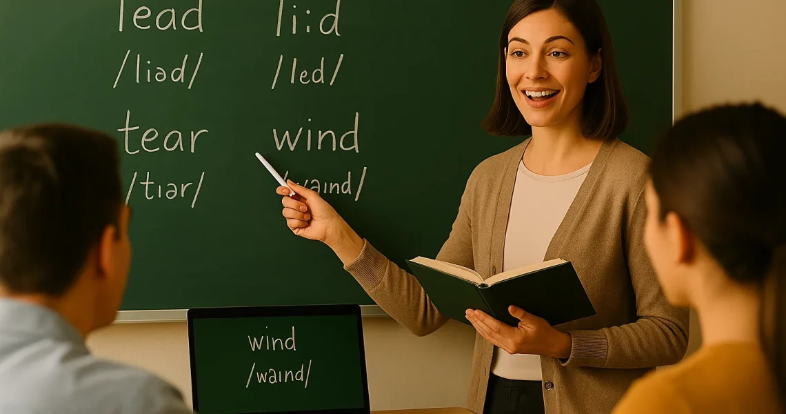 The image shows an English teacher at the board writing the heteronyms, explaining their different meanings to a group of students.
