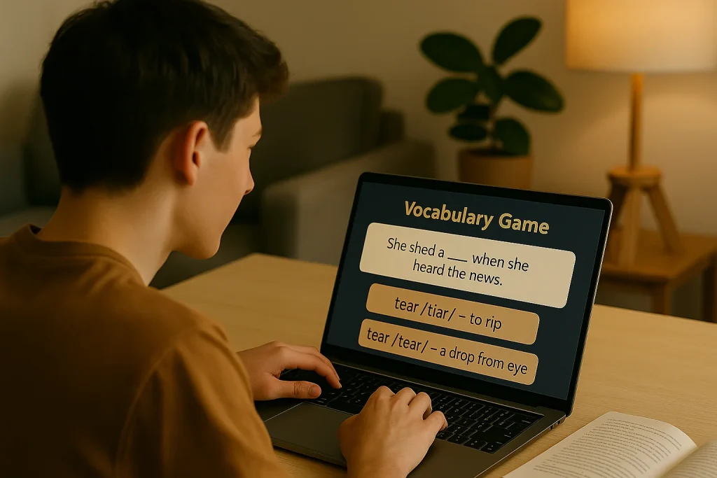 A young man playing an interactive game on his laptop where he selects the correct pronunciation and meaning of words based on context.