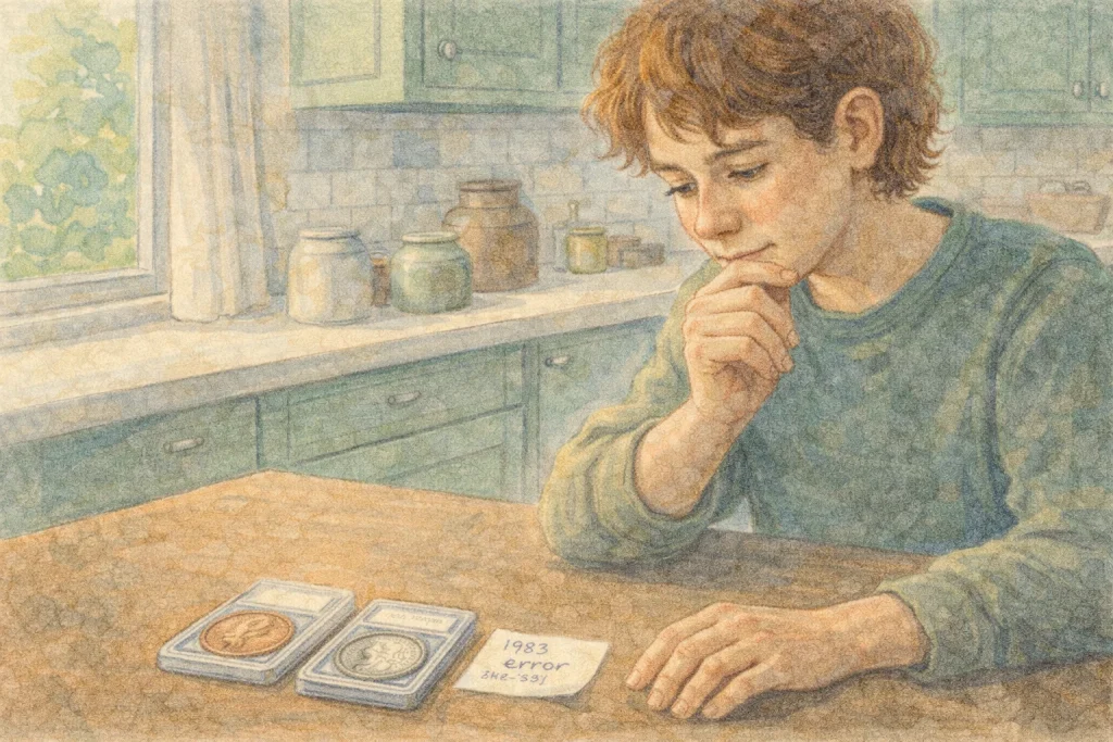 A curious teenager looks with hesitation at modern coins with errors.