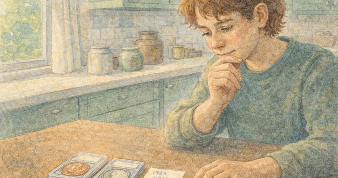 A curious teenager looks with hesitation at modern coins with errors.