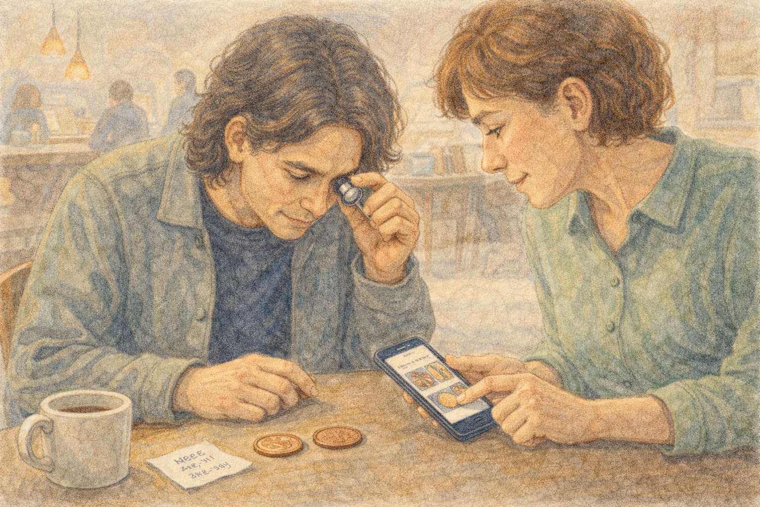 Collectors inspect a suspected rare coin together.