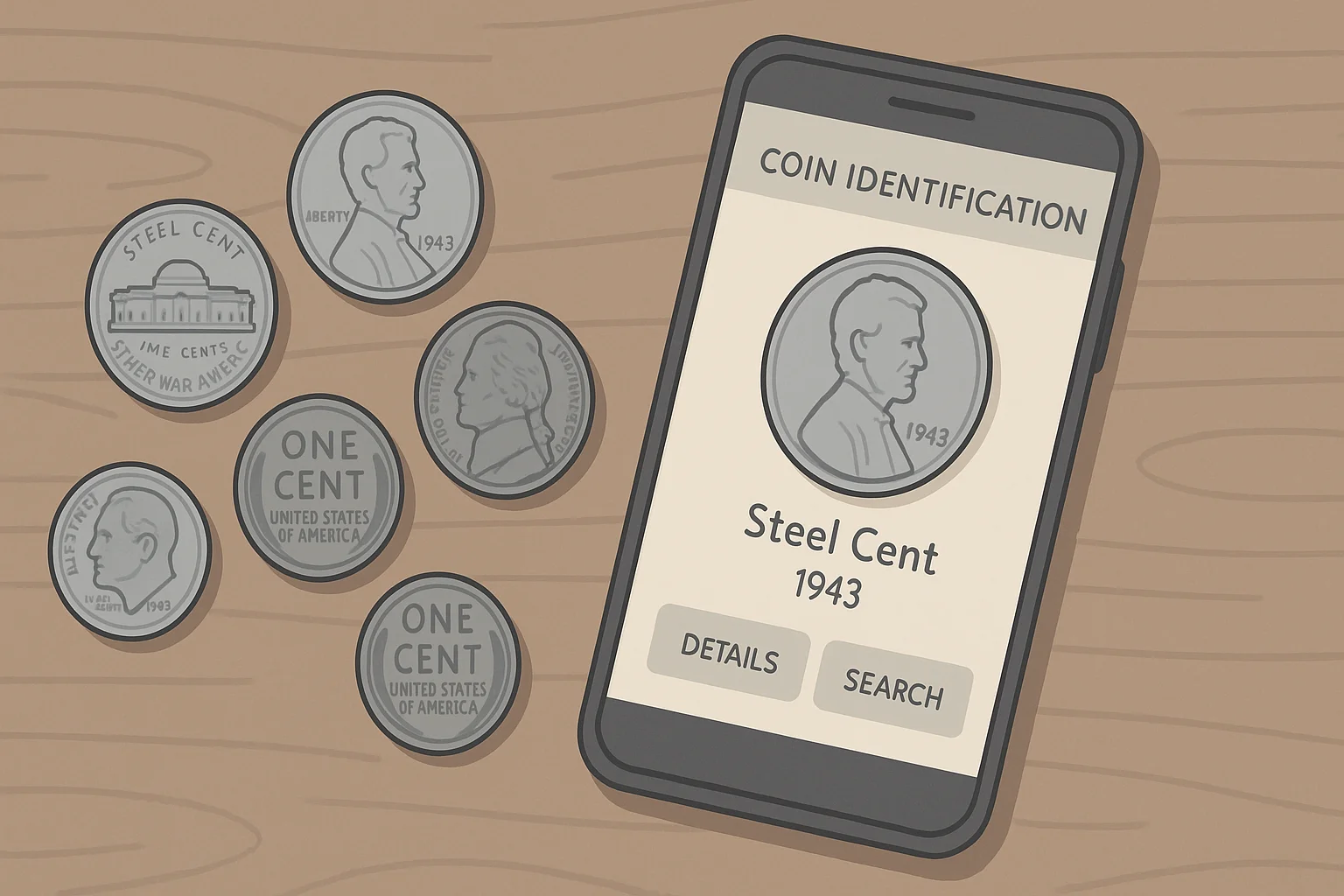 A few U.S. wartime coins lay on the table, the Coin ID Scanner app is opened on the smartphone nearby.